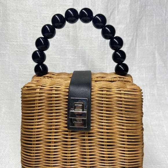 Small Straw Rattan Wicker Bag with Black Bead Handle & Twist Clasp Closure - Picture 2 of 13